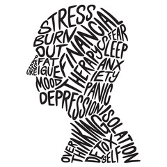 Mental Health words lettering in head concept. Health awareness concept art. Vector Lettering design illustration for web, media, other graphic design use