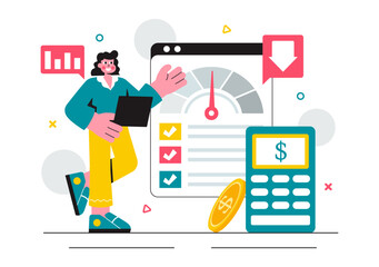 Cost Reduction Vector Illustration featuring Decreasing Expenses, Price Minimization, and Falling Profit Rates in Business with a Flat Background