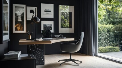 Modern home office, dark decor, garden view, desk work