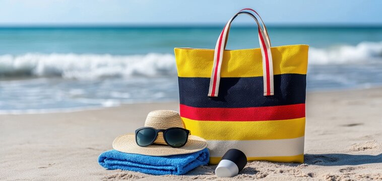 Beach bag with sunscreen and a towel, on a sandy shore with waves, packed for a summer day by the sea