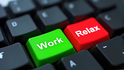 Computer keyboard 'Work' and 'Relax' button. Concept of choice between work and relaxation, symbolizing balance between productivity and leisure. Representing dual aspects of work-life balance