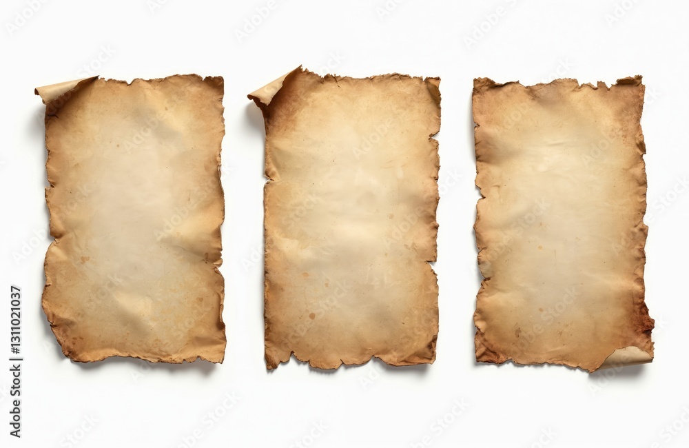 Poster set of old vintage paper sheets with torn edges. different texture of antique parchment isolated on 