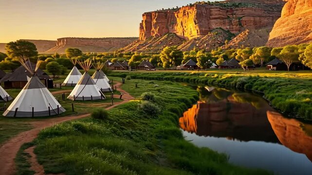 Native American village with teepees and canoes along a calm river, surrounded by lush greenery and cliffs