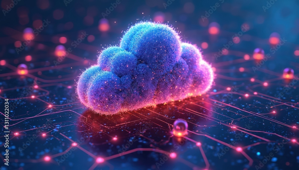 Aufkleber fluffy cloud computing concept rendered in blue, pink on circuit board. futuristic digital tech desi
