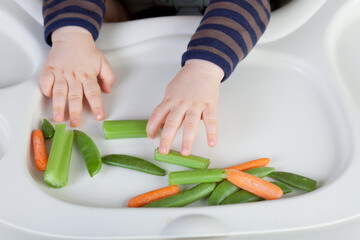 Healthy eating habits. Young toddlers' hands grabbing fresh carrots and green peas from high chair tray.