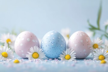 A charming spring composition, three pastel Easter eggs surrounded by fresh daisy flowers, bright and airy feel, ultra-sharp focus