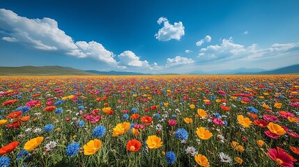 Fototapeta premium A lush field of wildflowers blooming under a bright and cloudless blue sky