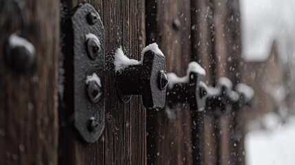 A wooden fence with a snow-covered metal post.
