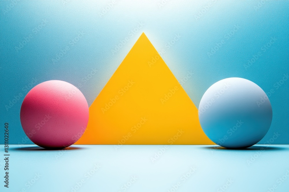 Poster geometric harmony: a vibrant composition of a bright yellow triangle juxtaposed between two colorful
