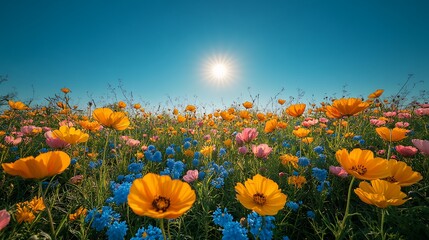 Obraz premium A sunlit meadow brimming with blooming wildflowers against a clear blue sky