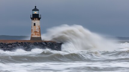A lighthouse stands tall on a rocky shore, with a stormy sea and dark clouds in the background.
