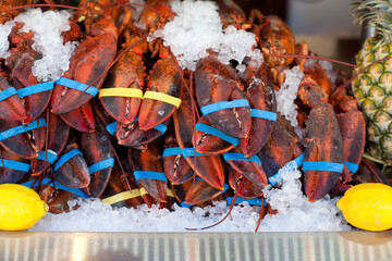 Fresh Live Lobsters on Ice at Market