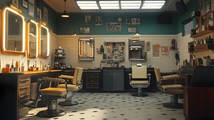 Vintage barber shop interior with stylish chairs, mirrors, and retro decor, evoking a classic atmosphere