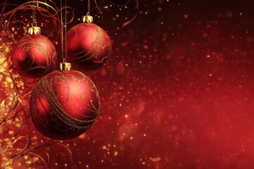 A cheerful holiday greeting card-style banner, rich red hues, elegant swirls, and festive baubles, ultra-sharp text and details