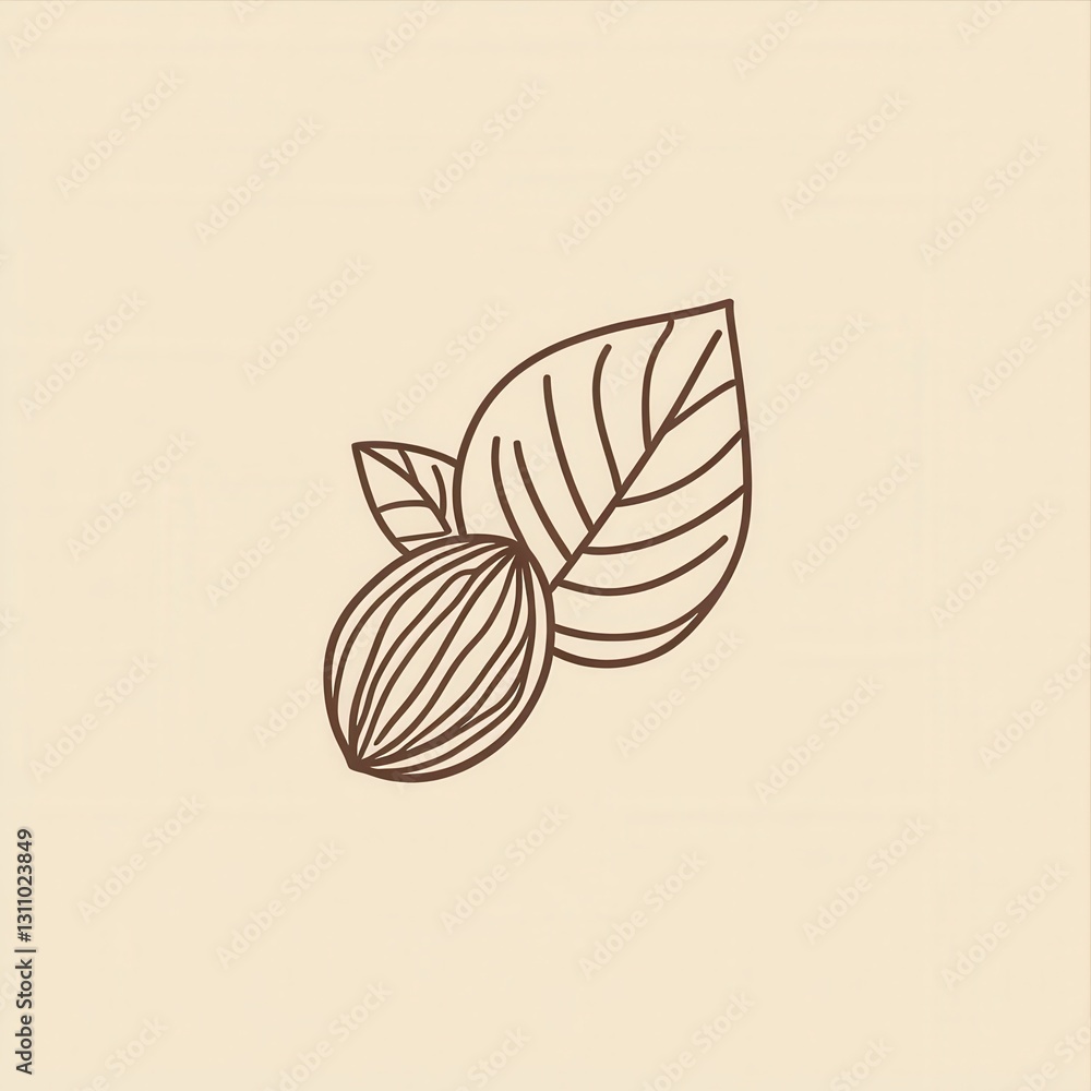 Poster modern abstract line art features minimalist almond and walnut logo design with leaves on a neutral 
