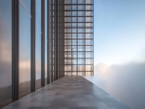 Modern architecture showcases expansive view from high-rise building at sunrise