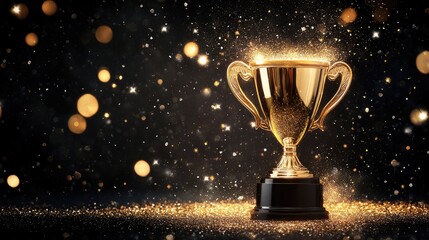 A championship trophy cup surrounded by floating golden sparkles on black.