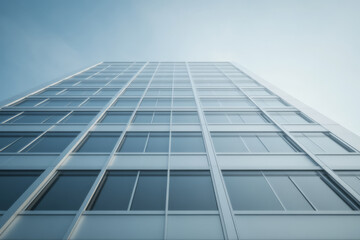 Fototapeta premium Modern glass skyscraper viewed from ground level under clear sky at midday