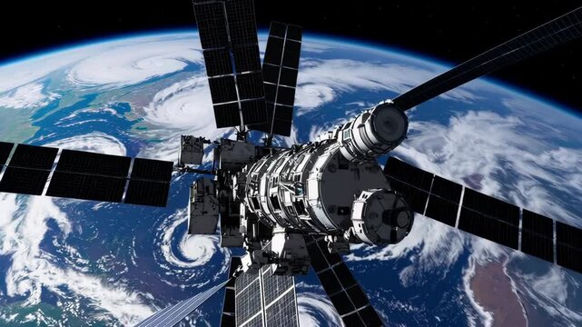 A satellite positioned in orbit around Earth captures stunning imagery of storms and weather