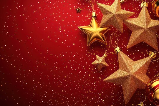 A Christmas greeting banner with twinkling golden stars, red festive background, and space for custom text, hyper-realistic textures