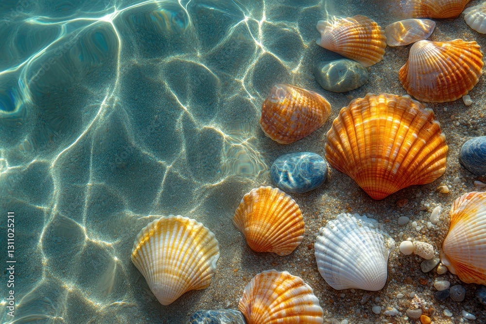 Poster underwater treasures: sunlight dances upon the water, illuminating an array of seashells and smooth 