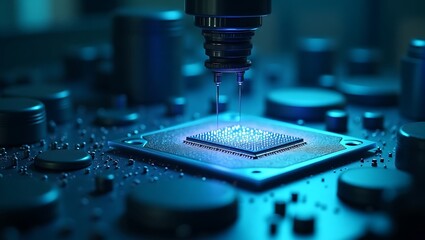 Realistic close-up of semiconductor manufacturing with lithography equipment, wafer handlers, and glowing microchips on silicon wafer  
