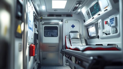 Interior of a modern ambulance showcasing medical equipment and stretcher in a clean environment