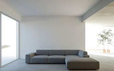 Modern living room interior with minimalist design and large windows offering natural light
