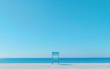 Blue beach chair on sand, with waves and a clear sky, cool in a summer coastal color moment