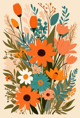 Colorful floral illustration featuring vibrant flowers and greenery in a modern design
