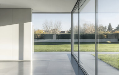 Modern architectural interior showcasing a bright open space with expansive glass walls