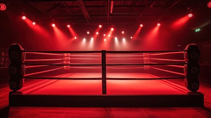 A boxing ring lit by spotlights in a dramatic red glow