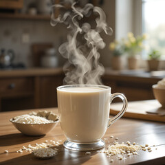 Morning fresh soymilk delight a steaming cup of richness in a cozy kitchen environment