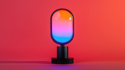 Colorful illuminated capsule-shaped object on stand against red background.