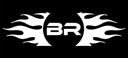 Futuristic abstract Logo with Fiery Flame Motif and Geometric 'BR' Emblem, Black and White Artwork