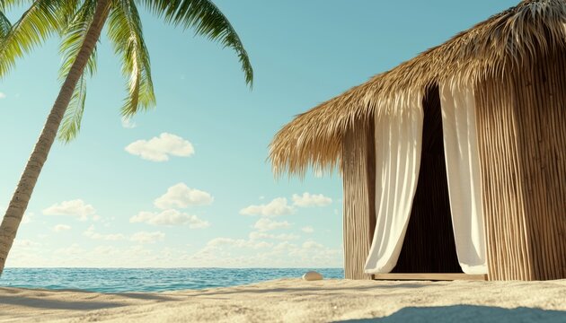 Cabana with curtains fluttering, on a beach with palm trees, providing a summer retreat in a tropical scene