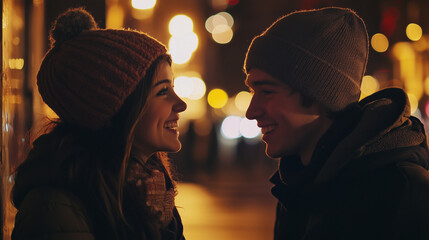 A couple meeting for the first time in real life after months of virtual dating, their excited faces glowing with anticipation, capturing the joy of online love becoming reality.
