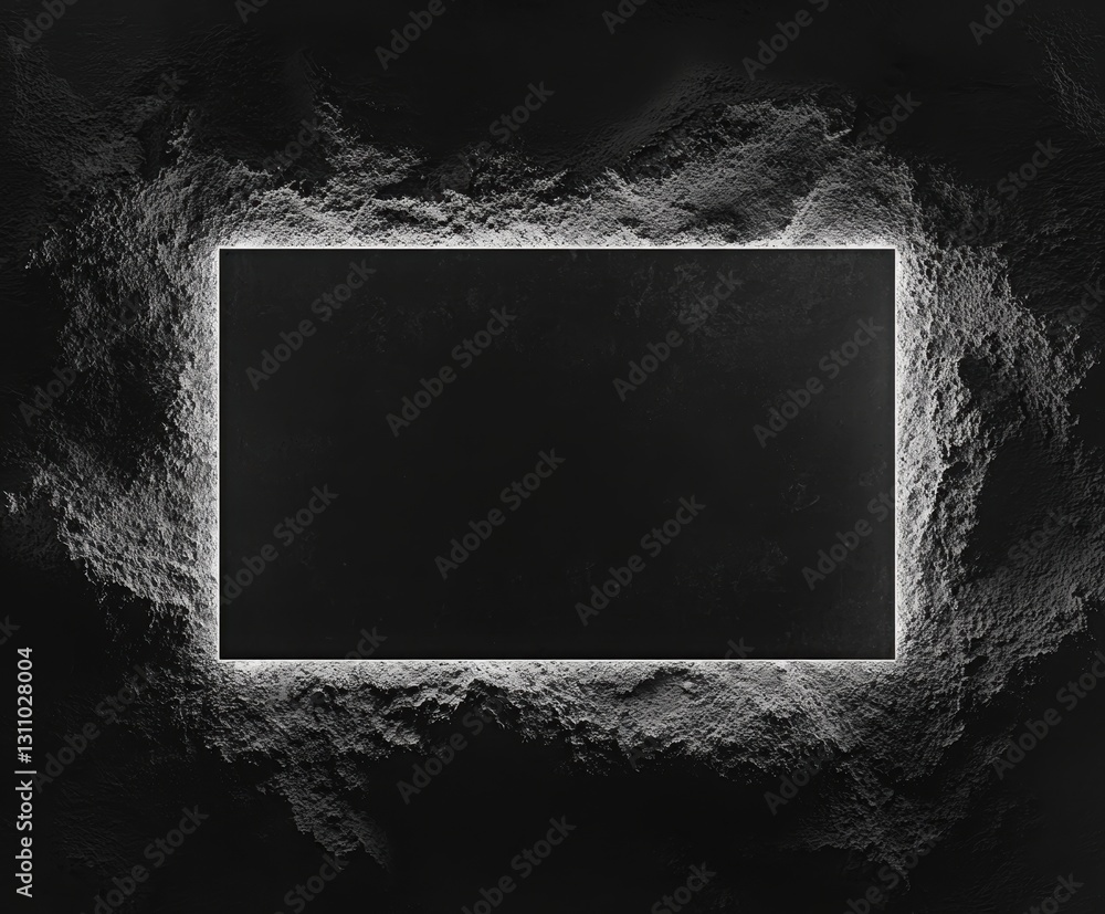 Poster lunar display: abstract grayscale composition of a dark rectangular screen, surrounded by a textured