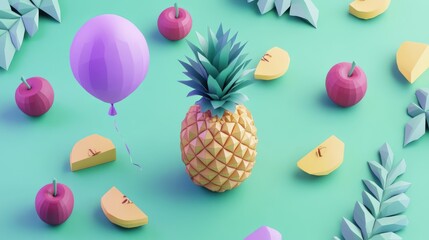 Low-poly pineapple, apples, balloon, leaves. Summer party background