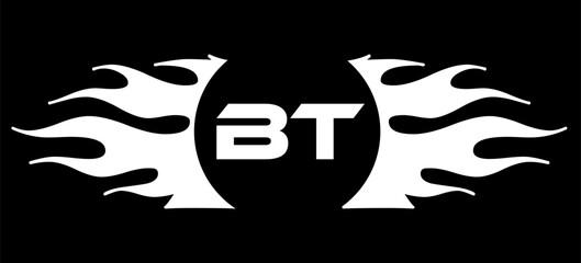 Futuristic abstract Logo with Fiery Flame Motif and Geometric 'BT' Emblem, Black and White Artwork