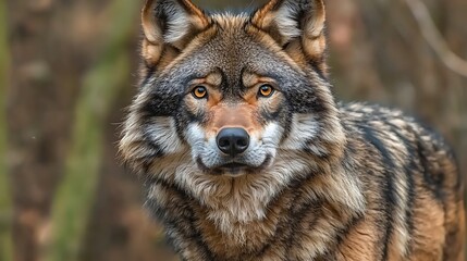 Fototapeta premium Majestic wolf stares, forest habitat