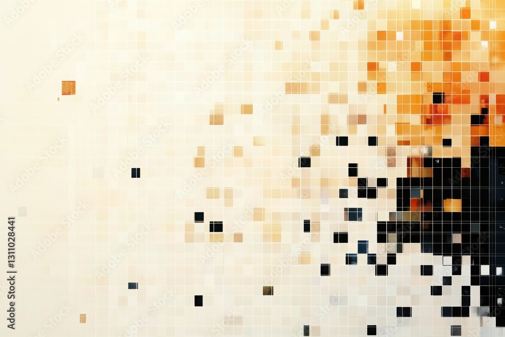 Poster pixelated abstraction: dynamic geometric pixel art composed of mosaic squares in shades of orange, b