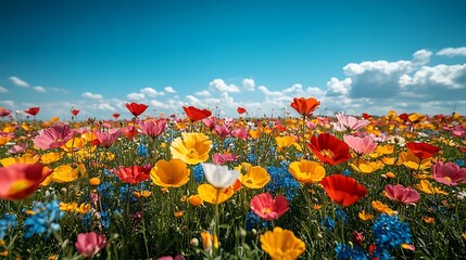 Fototapeta premium A vibrant meadow in full bloom with wildflowers beneath a clear and sunny blue sky
