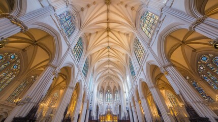 Obraz premium A grand cathedral's interior with soaring arches and intricate stained glass windows.