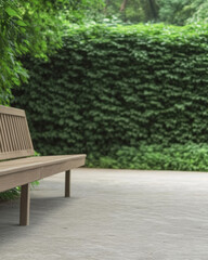 Fototapeta premium Wooden bench in serene garden oasis surrounded by lush greenery in a peaceful park