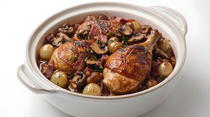 Deliciously Braised Chicken Thighs with Mushrooms and Onions in a White Casserole Dish