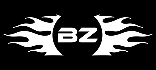 Futuristic abstract Logo with Fiery Flame Motif and Geometric 'BZ' Emblem, Black and White Artwork
