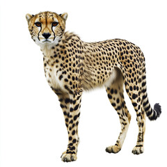 Cheetah standing on white background, showcasing its spotted fur