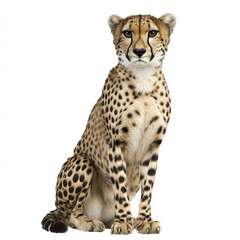 Cheetah sitting on white background, showcasing its spotted fur