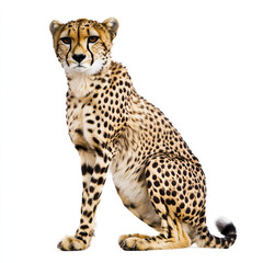 Cheetah sitting on white background, showcasing its spotted fur